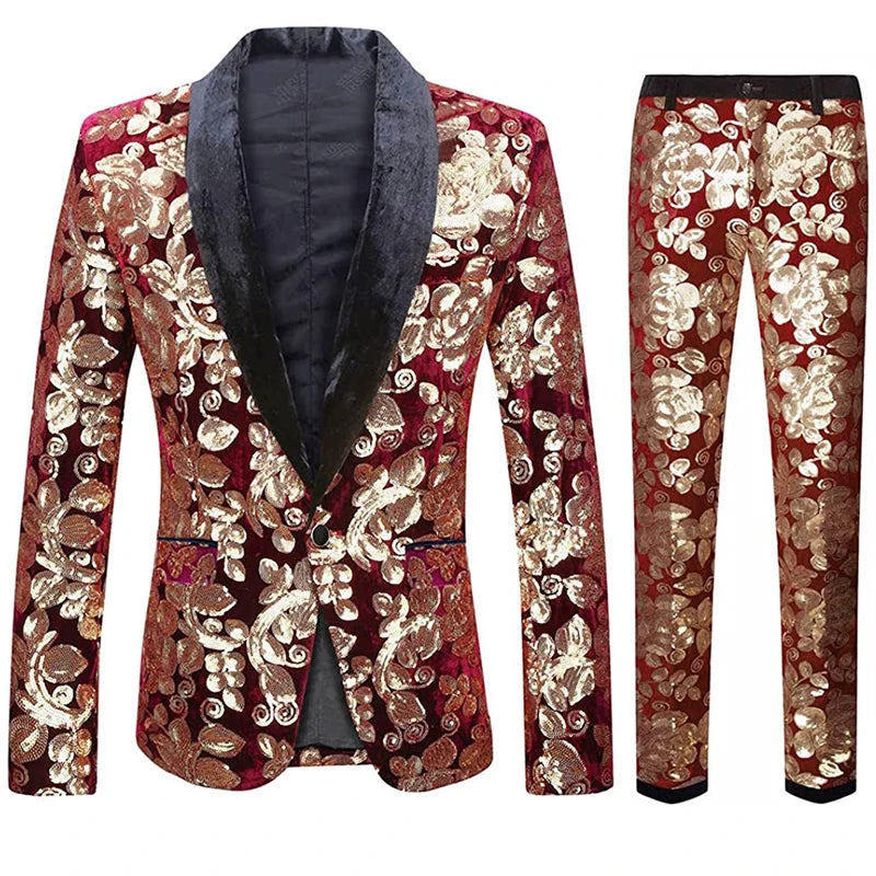 Veste Costume et Pantalon Paillette Velours Homme rouge