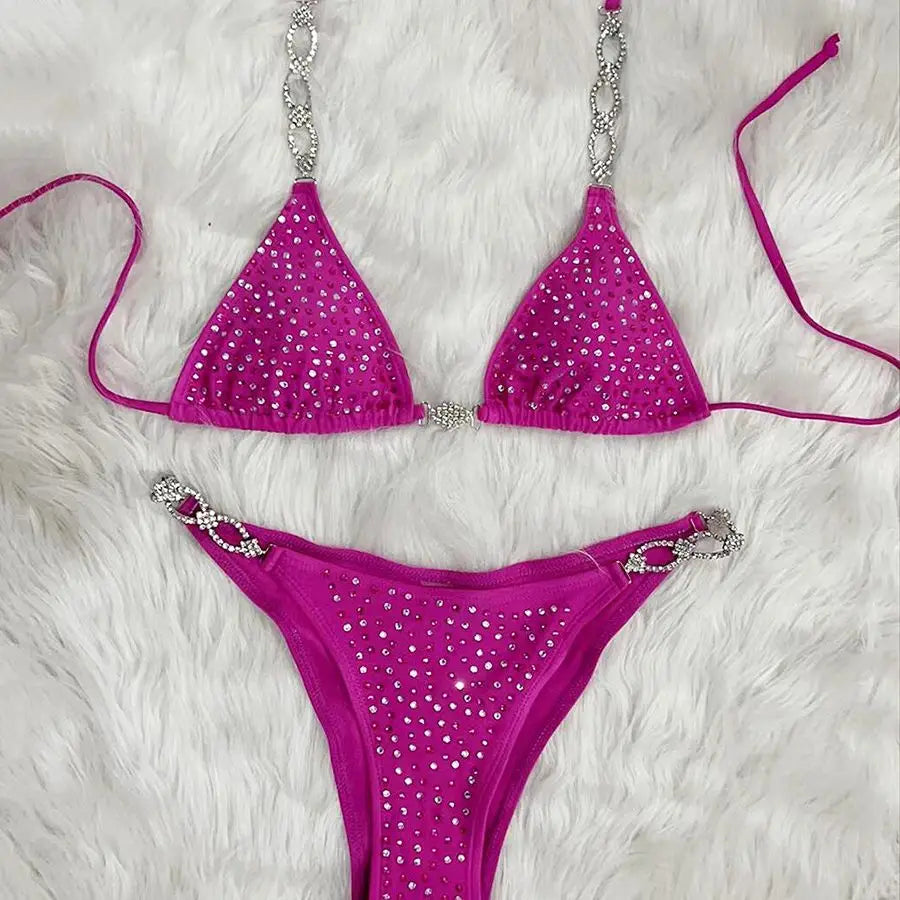 Maillot de Bain Rose  Deux Pièces Strass