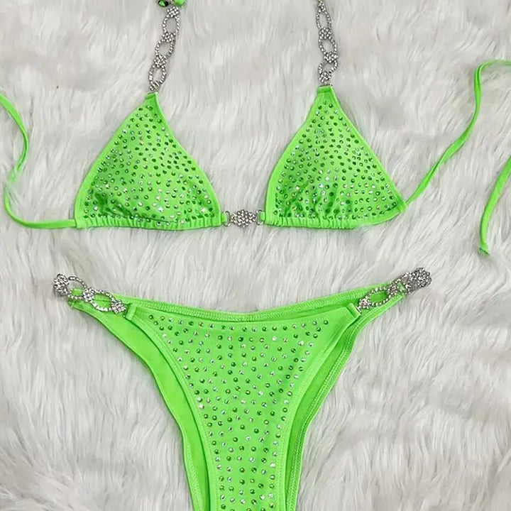 Maillot de Bain Vert Néon  Deux Pièces Strass