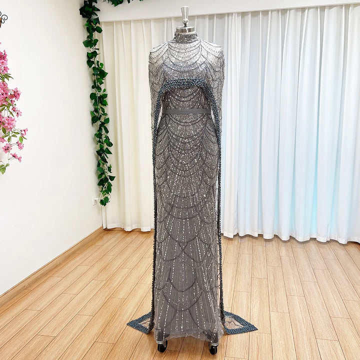 Robe Soirée Paillette Perles Gris Argenté 