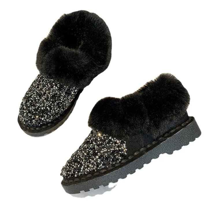 Pantoufle Pailleté Strass Fourrure Femme noire