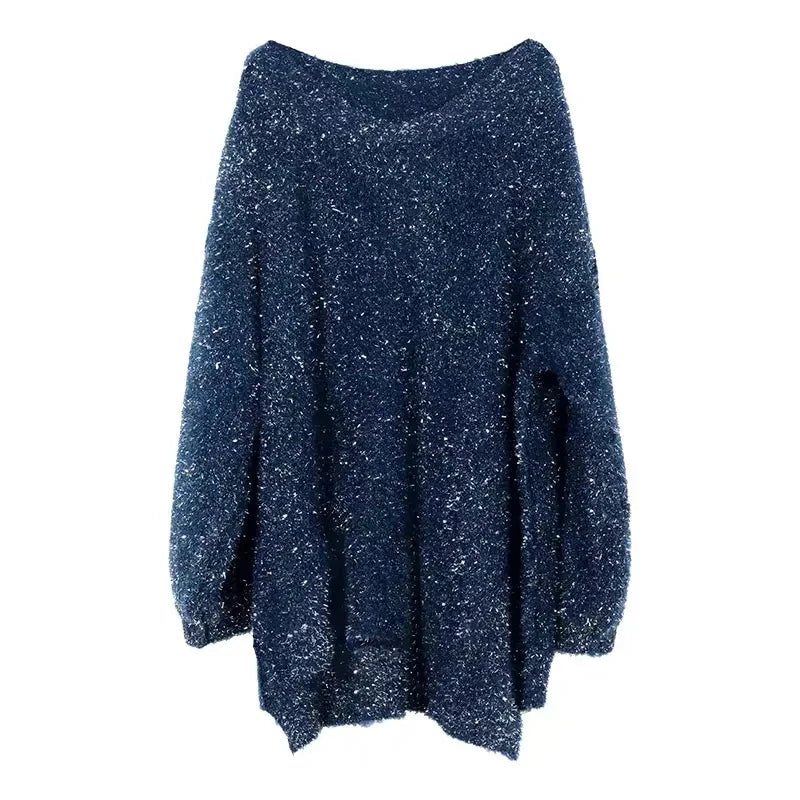 Pull Paillette Col V Laine Bleu Marine