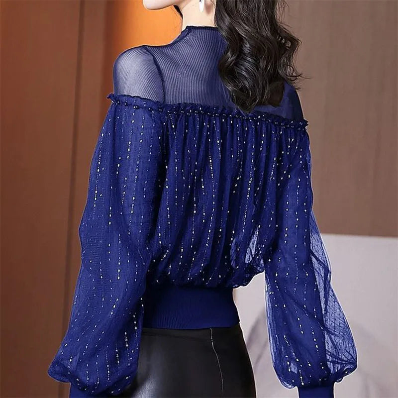 Blouse Paillette Bleu Manches Lanterne bleue