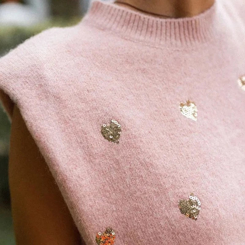 Pull Sans Manches Coeur Paillette rose