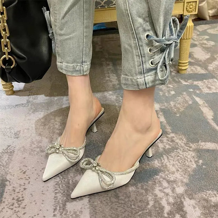 Mules Ouvertes à l'Arrière Noeud Strass blanc creme