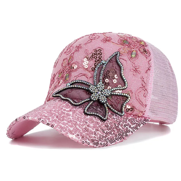 Casquette Paillette Papillon Rose