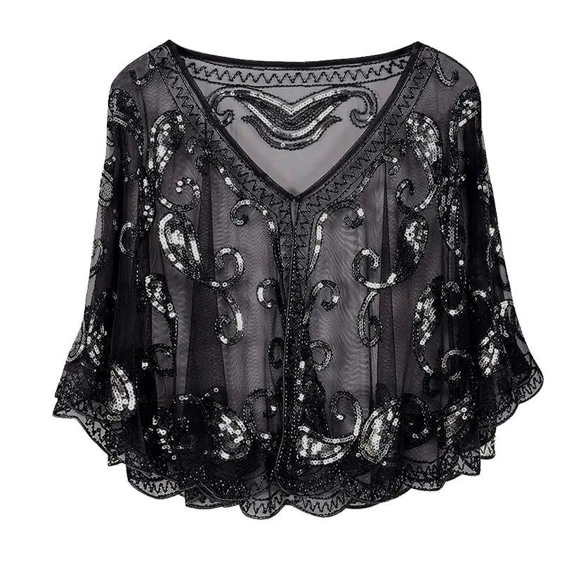 Blouse Paillette Col V noire