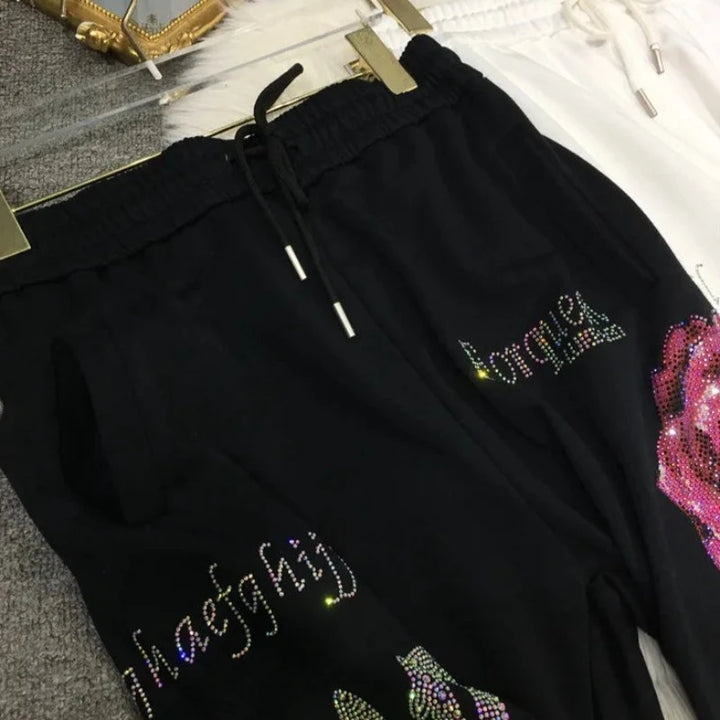 Pantalon Strass Jogging Avec Rose Noir