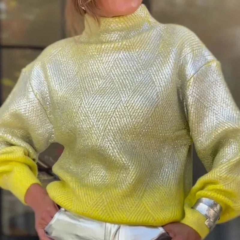 Pull Col Roulé Brillant Femme Jaune