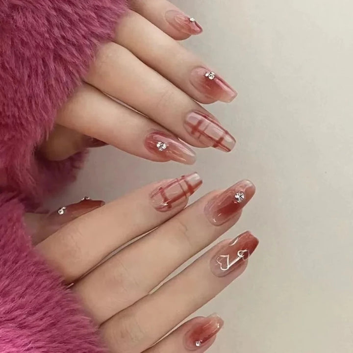 Faux Ongle Rose Paillette quadrillé