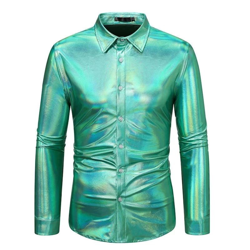 Chemise Homme Paillettes Strass - Manches Longues, Coupe Ajustée, Pour Soirée, Discothèque, Fête Déguisée