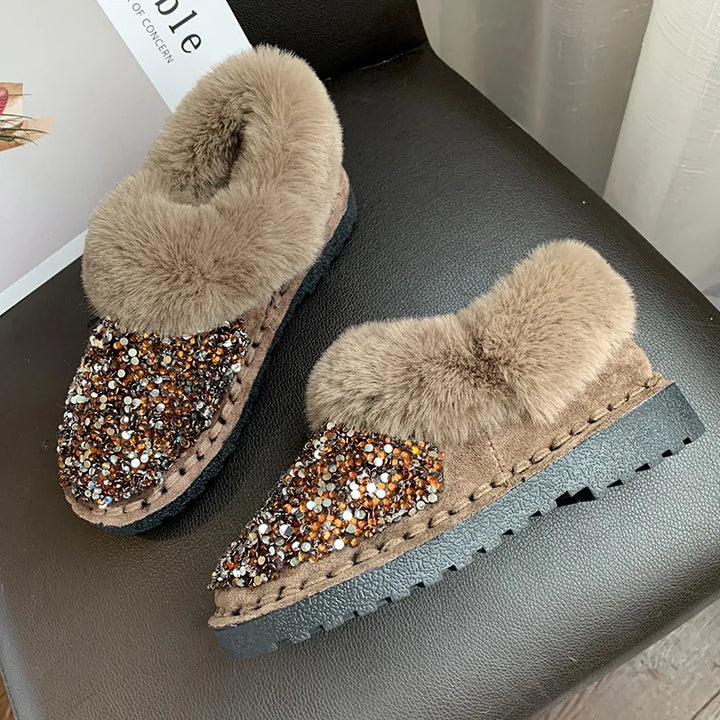 Pantoufle Pailleté Strass Fourrure Femme kaki