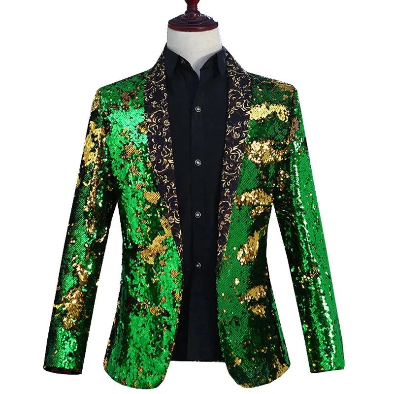 Veste Costume Vert Doré Paillette Pour Homme