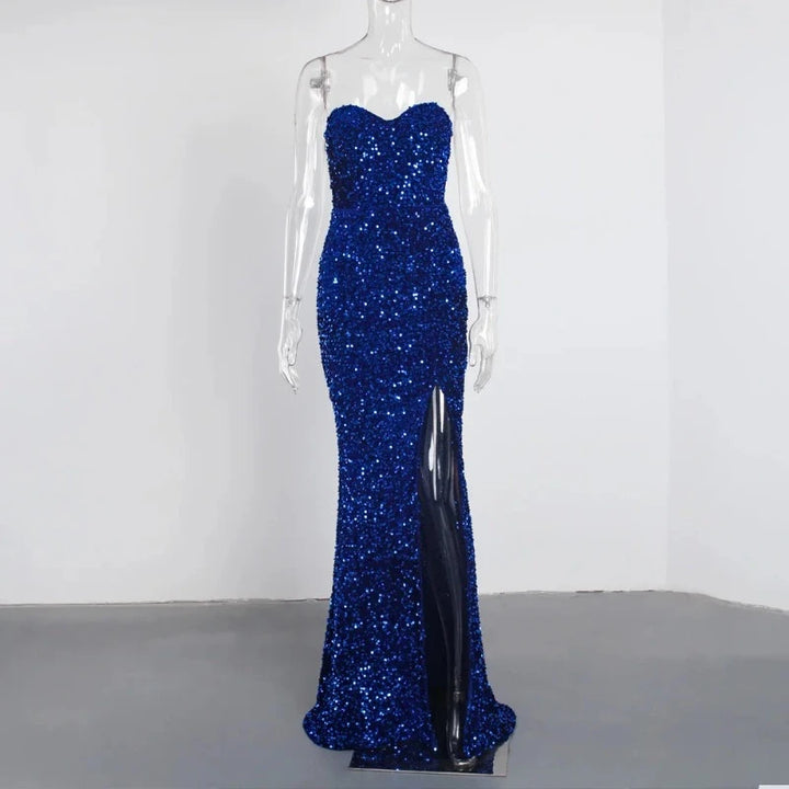 Robe Bleu Longue Fendue Bustier à Paillettes