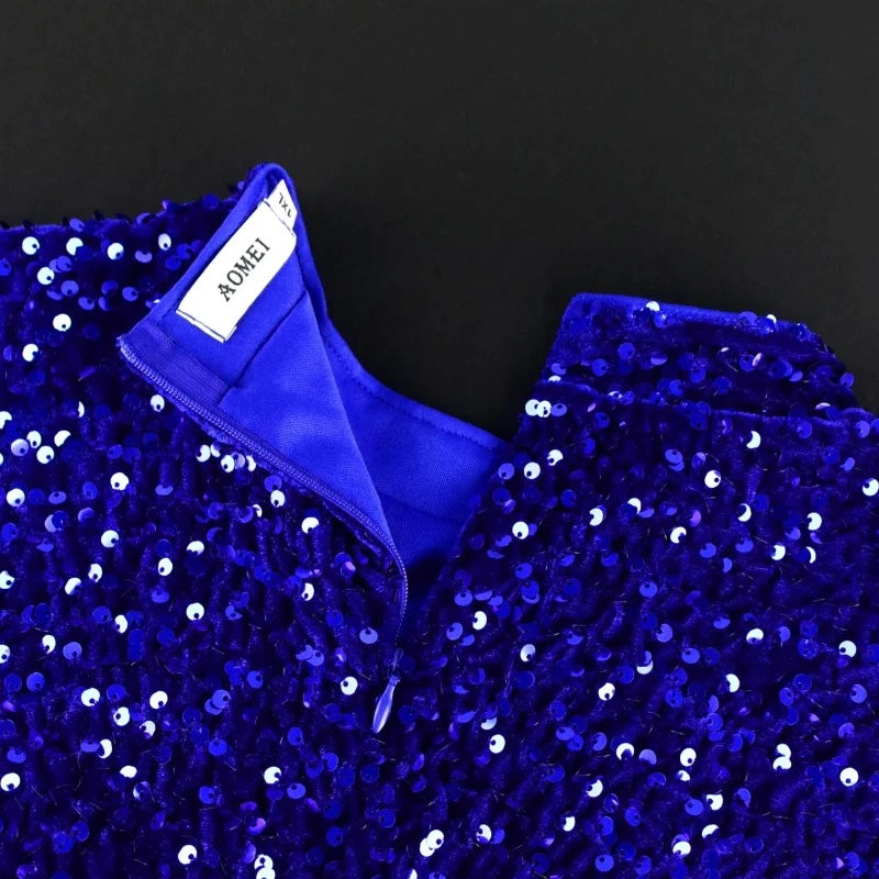 Robe Soirée Paillette Bleu Pompon et Franges