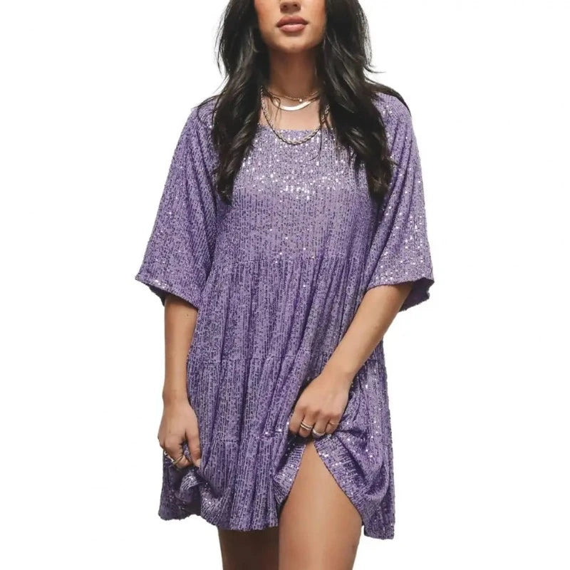 Robe Violet Courte à Paillettes Plissée