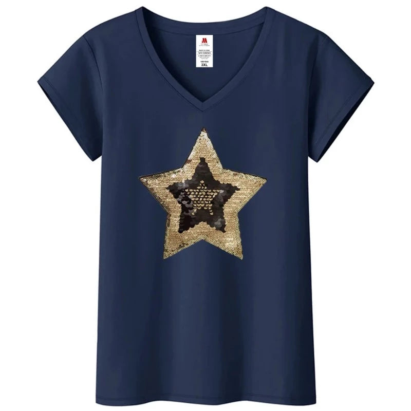 T Shirt Paillette Etoile bleu marine