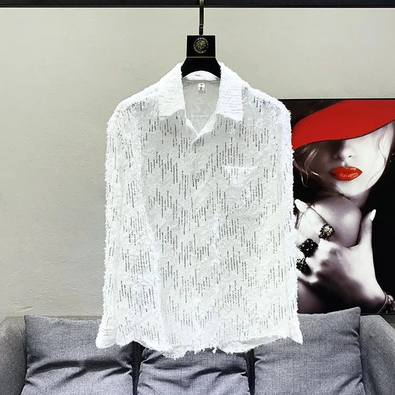 Chemise Avec Traits Paillettes Blanc Homme Manches Longues