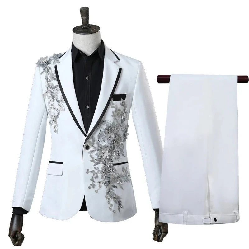 Veste Costume Pantalon Fleurs Brodées Paillettes Homme blanc