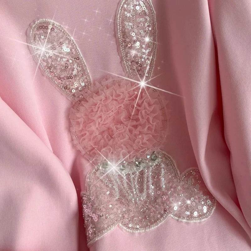 Pull Rose Paillette Strass Lapin Détail