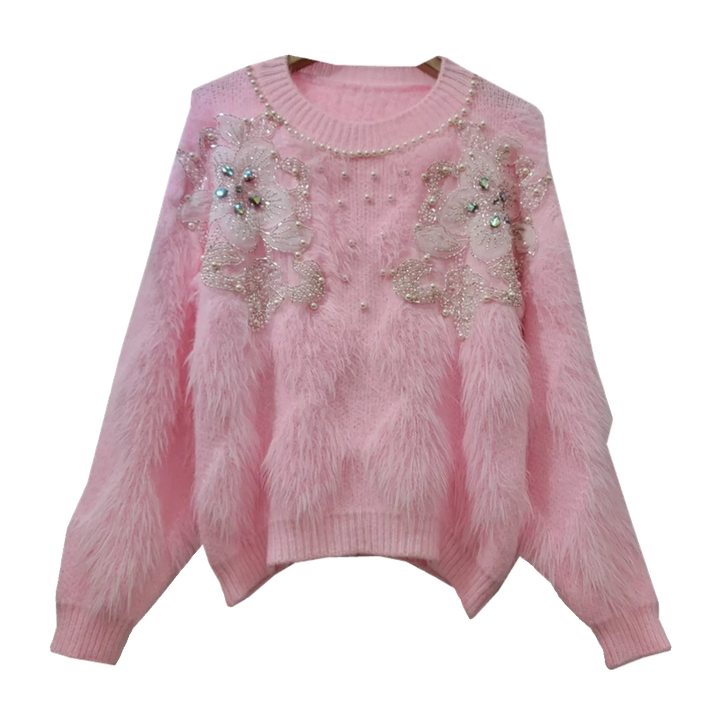 Pull Rose Pailleté Femme Laine Perles