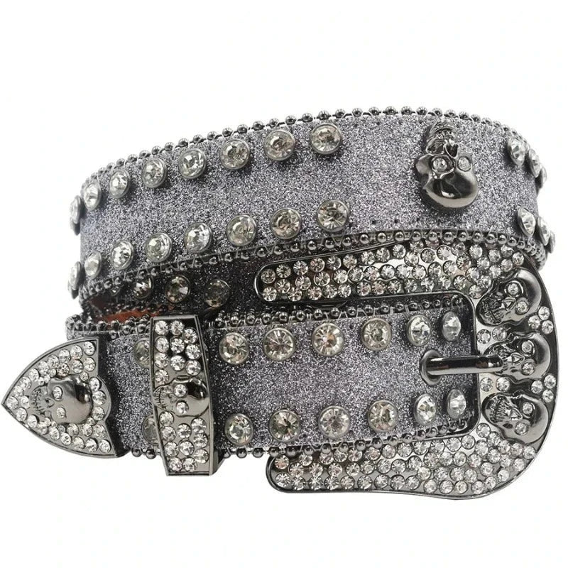 Ceinture Paillette Strass Homme Femme Crâne argenté