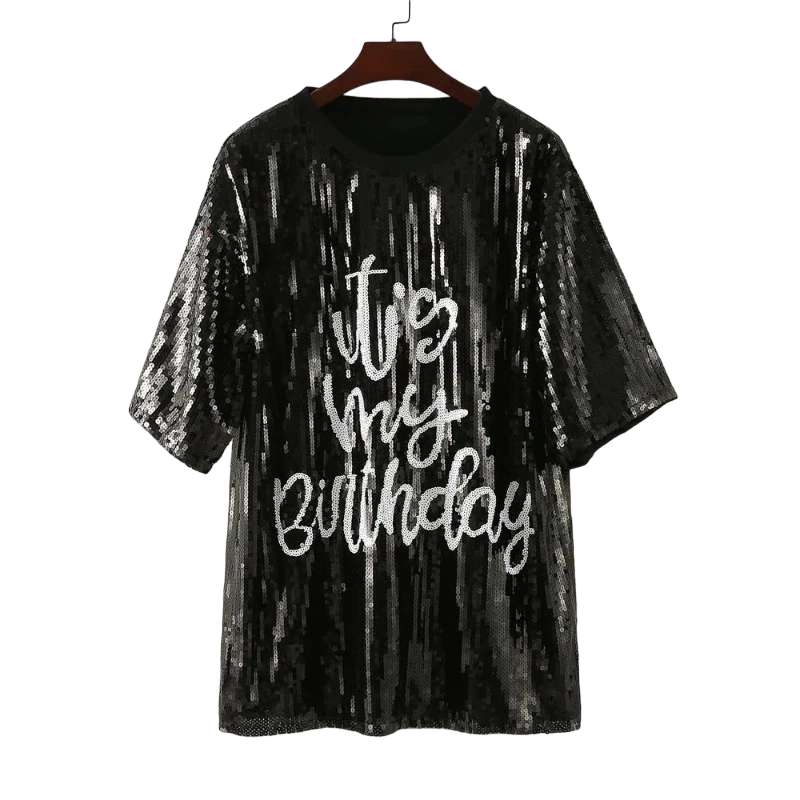 T-Shirt Paillette Its My Birthday Noir