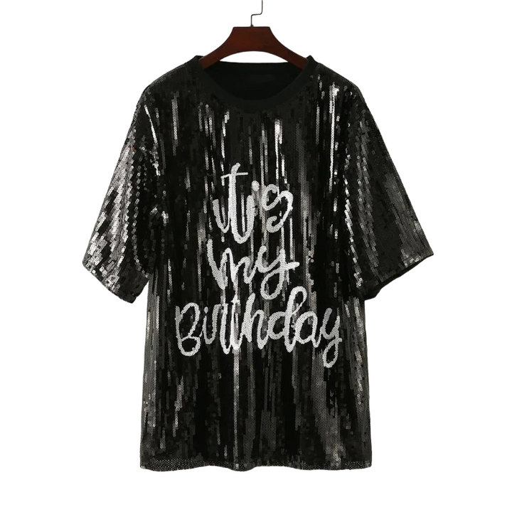 T-Shirt Paillette Its My Birthday Noir