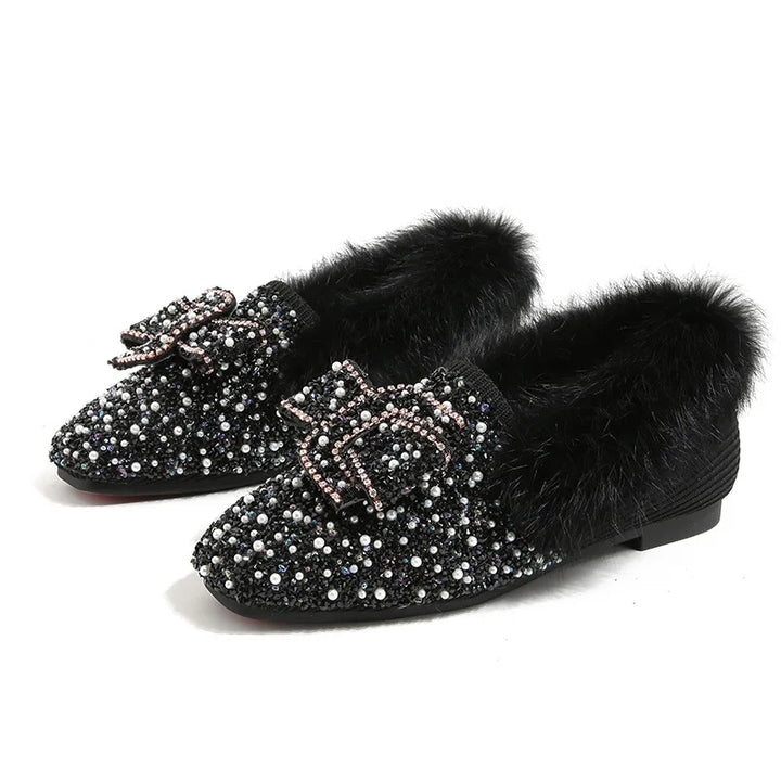 Mocassin Fourrure Pailleté Perles Noeud Papillon noir