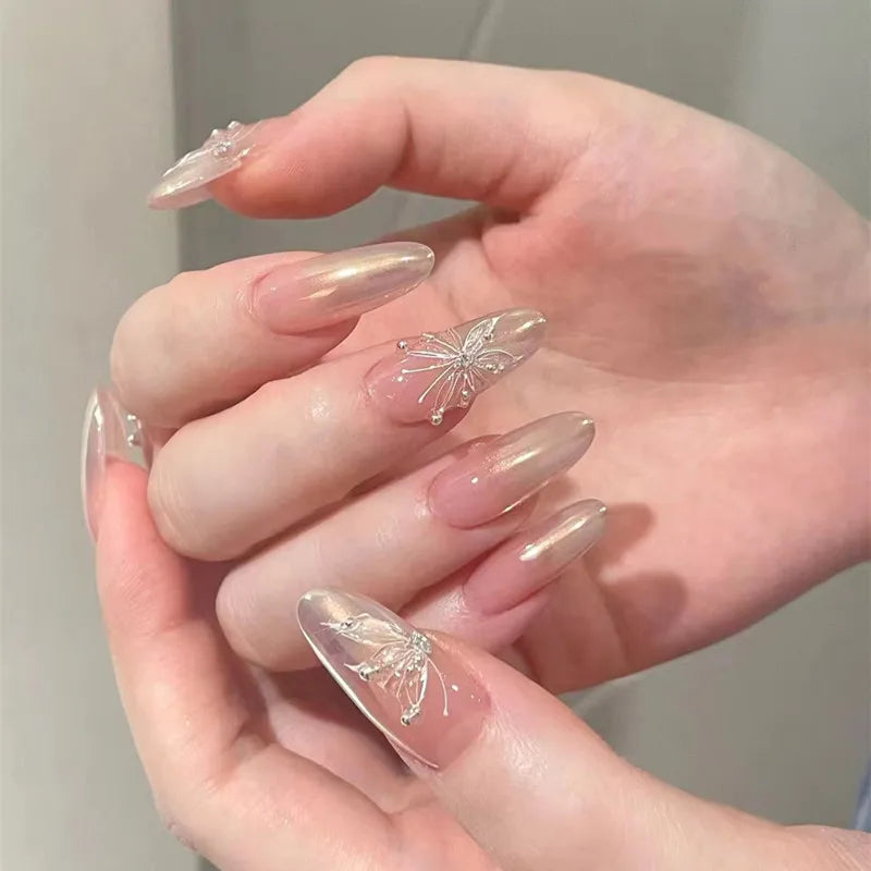 Faux Ongle Rose Paillette transparent papillon