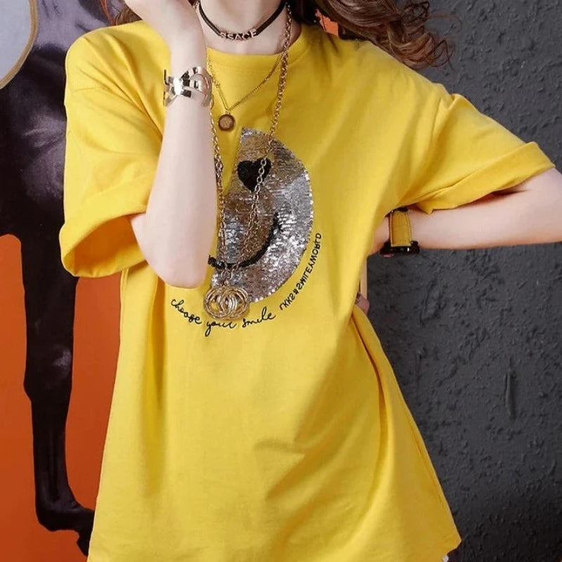 T-Shirt Jaune Smiley Pailleté