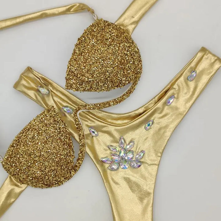 Maillot de Bain 2 Pièces Strass Doré