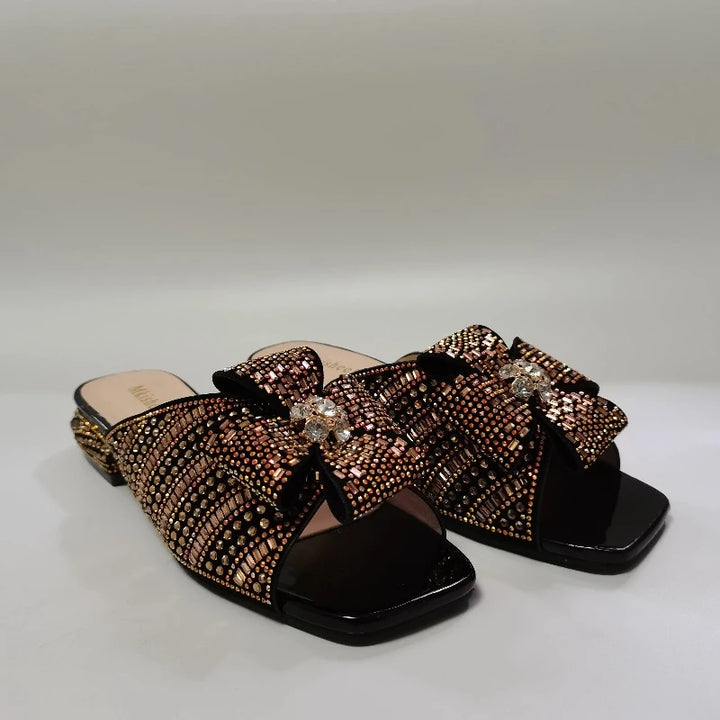 Sandale Noir Strass Femme Doré