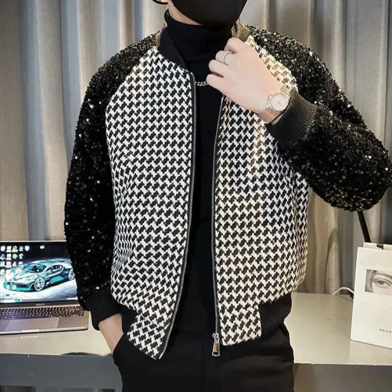 Veste Bomber Paillette Homme Noir et Blanc