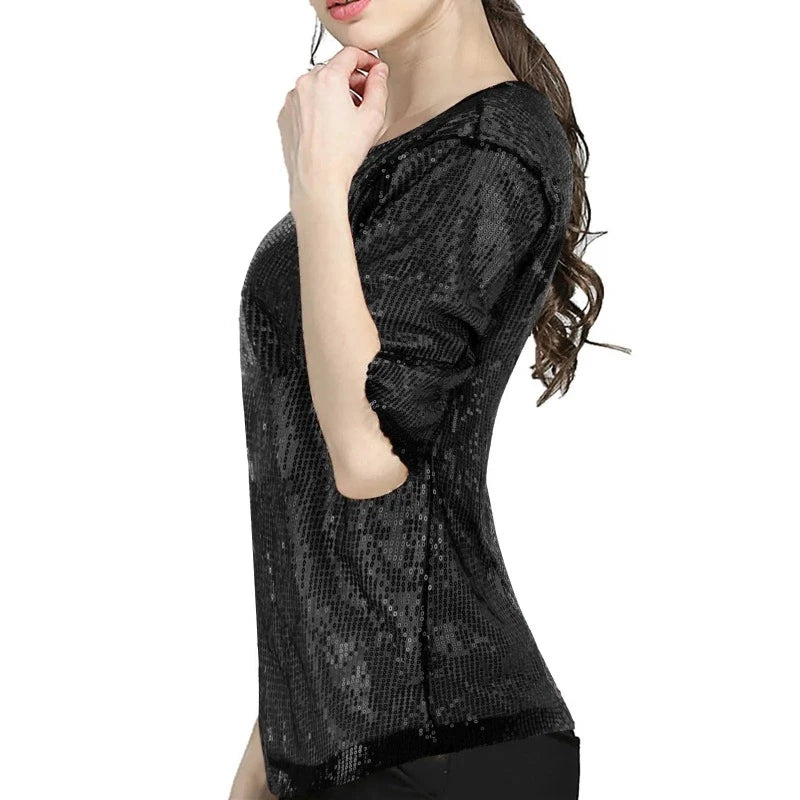 T Shirt Paillette Manches Courtes Femme noir