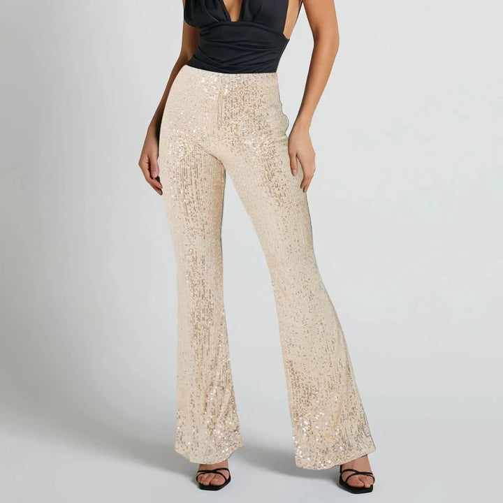 Pantalon Paillette Femme Patte d'Eléphant beige