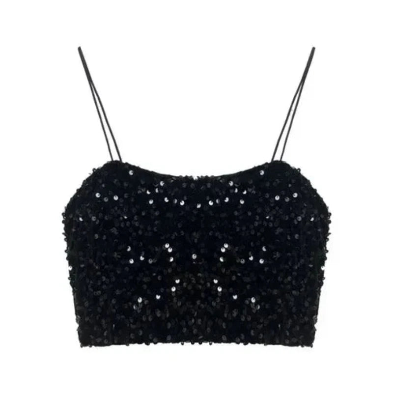 Crop Top Paillette Bretelle noir