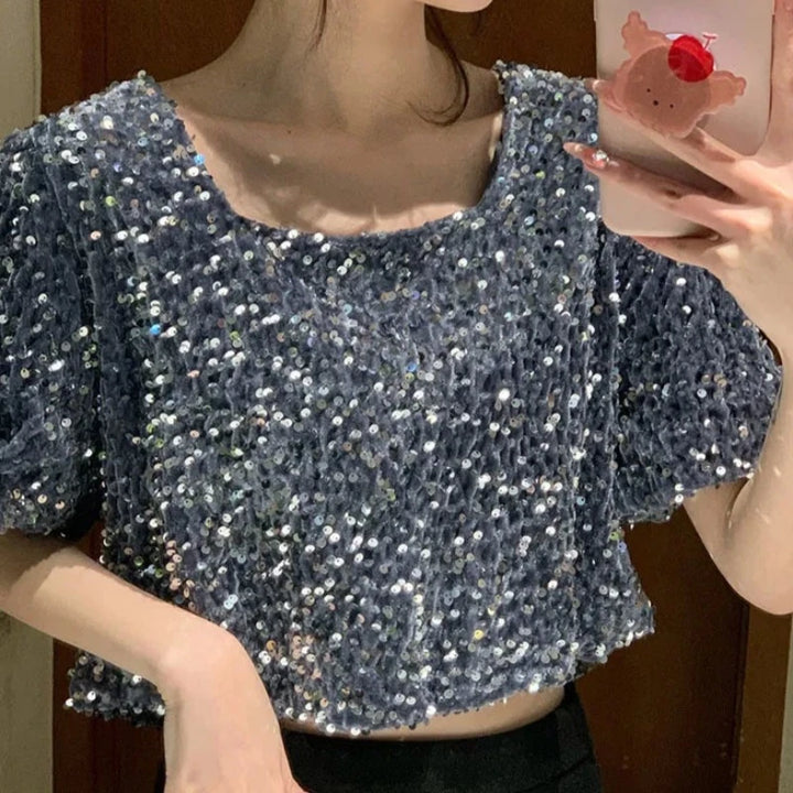 Top Crop Paillette Dos Noeud Gris