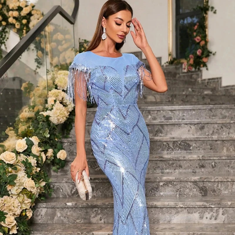 Robe Soirée Paillette Bleu Epaule Franges