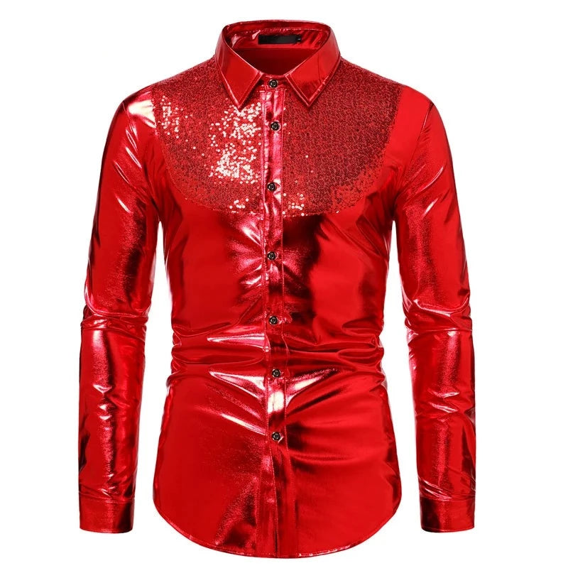 Chemise à Paillettes Homme Satin Brillant – Pour Soirée Disco, Fête, Coupe Slim, Manches Longues