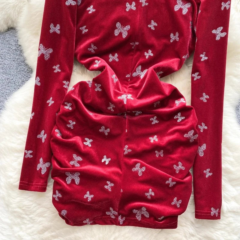 Robe Velours Rouge Papillon Paillette