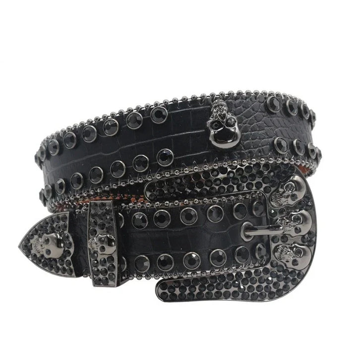 Ceinture Paillette Strass Homme Femme Crâne noir