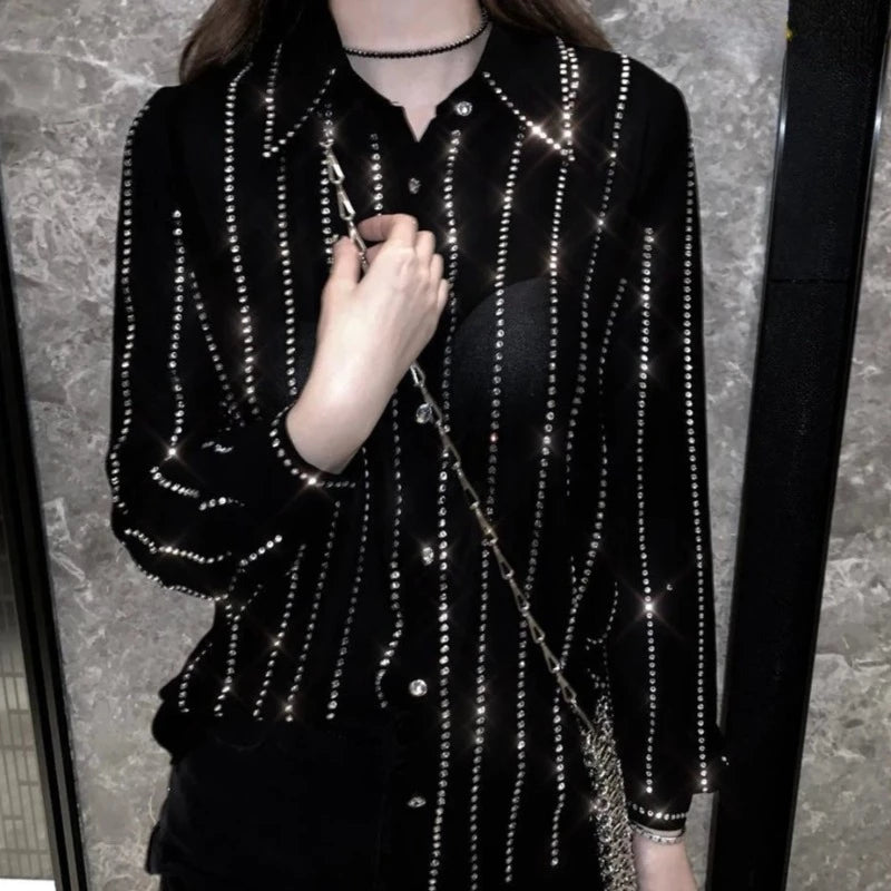 Chemise Rayée Strass Femme noire