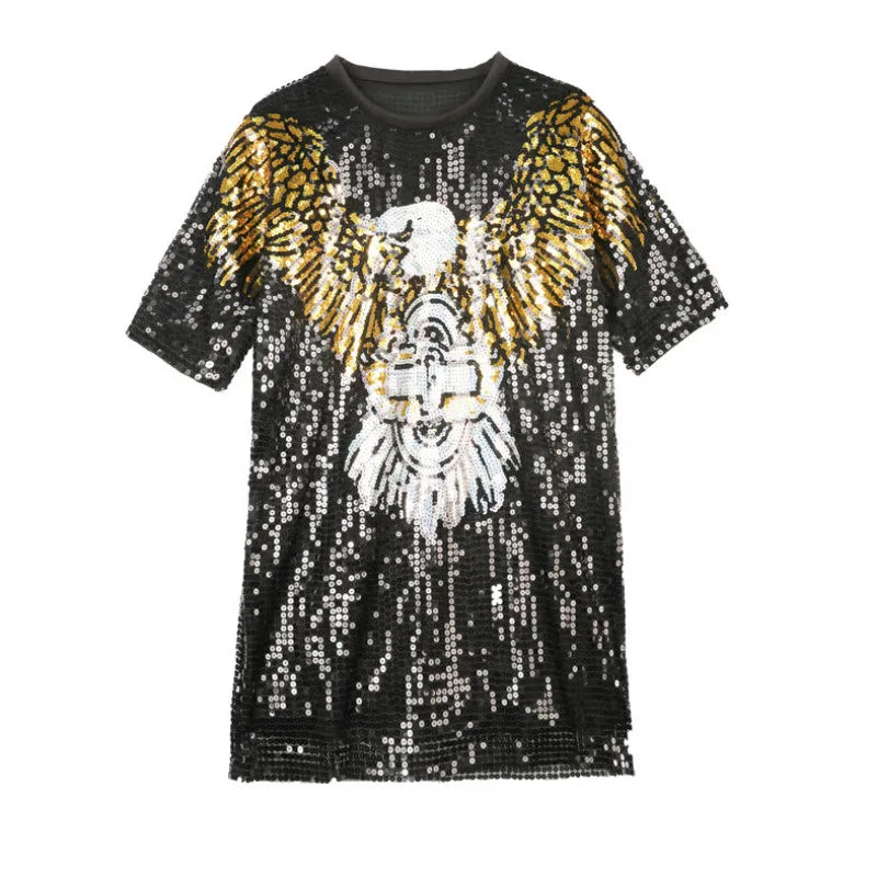T-Shirt Long Paillette Pour Femme Ailes dorées