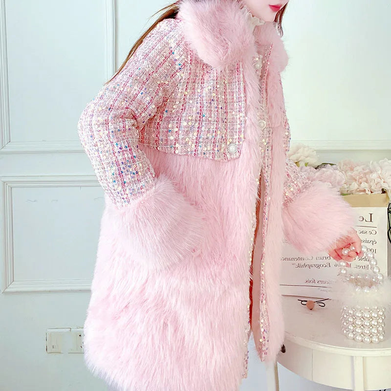 Manteau Rose Paillette Fausse Fourrure