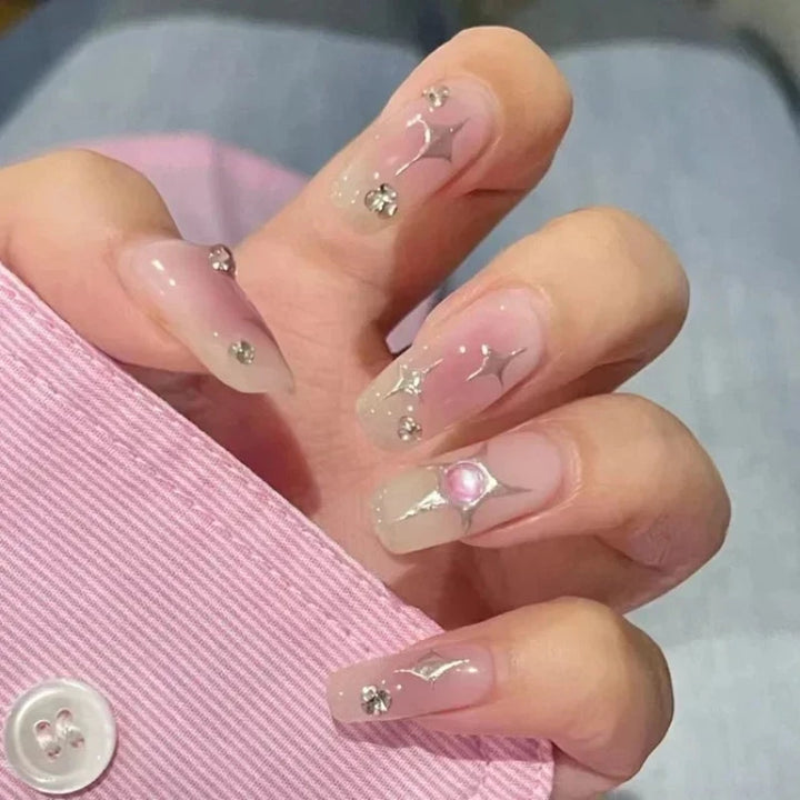 Faux Ongle Rose Paillette Etoile argenté