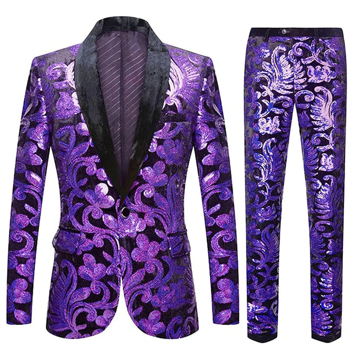 Veste Costume et Pantalon Paillette Velours Homme violet