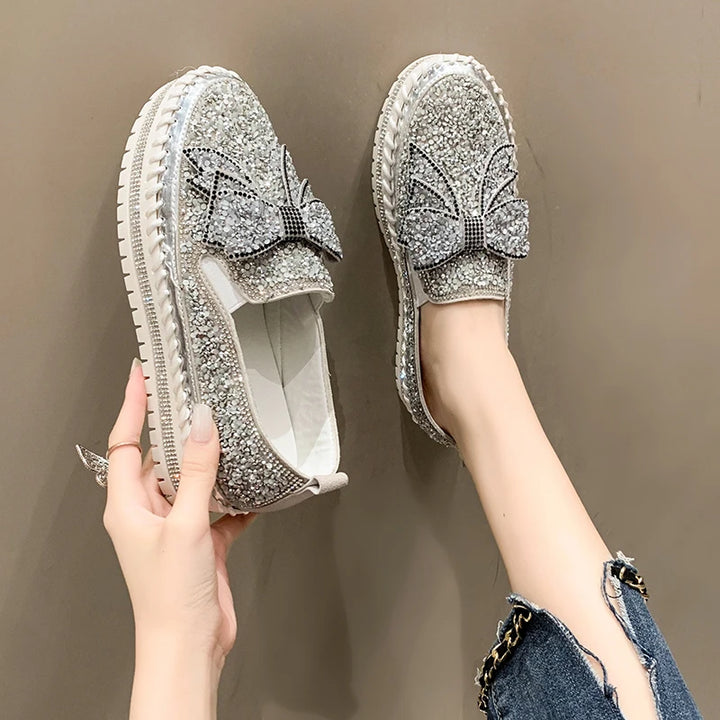 Chaussure Paillette Femme Argenté strass noeud