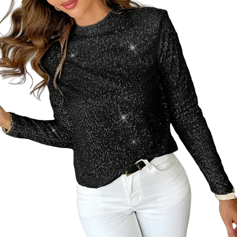 Blouse Paillette Col Rond Manches Longues Noir