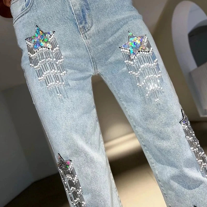 Jean Femme Taille Haute Avec Strass - Denim élastique 5 Poches, Jambe Légèrement évasée